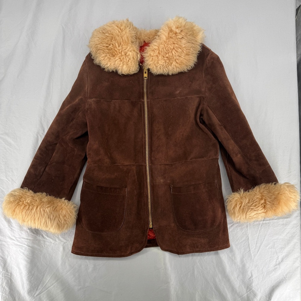 Vintage 70s Brown Suede Leather Jacket Faux Fur Trim Talon Zip Penny Lane Sz 16